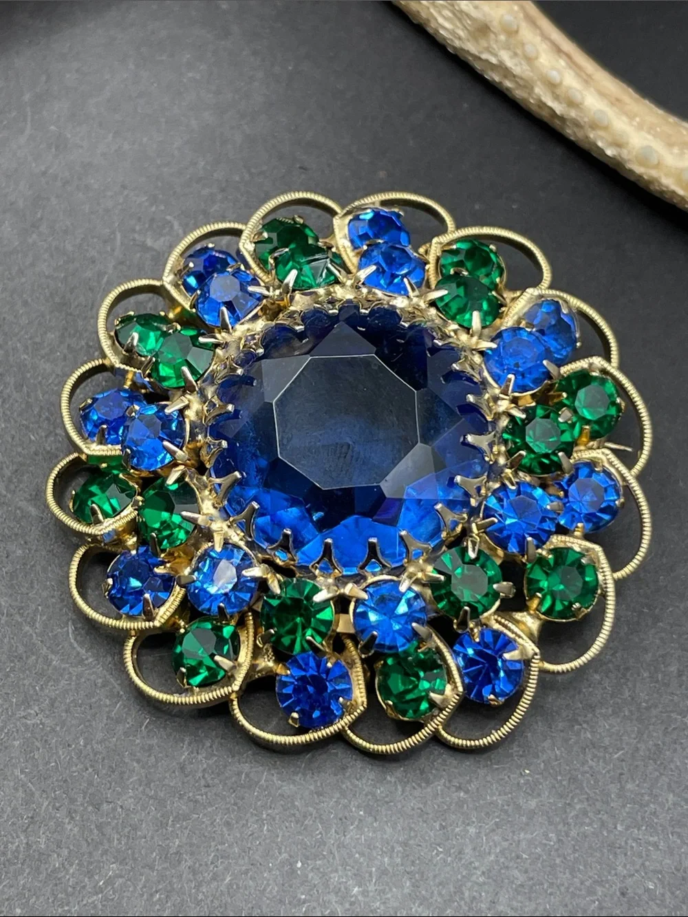 Rhinestone and metal scroll work brooch vintage